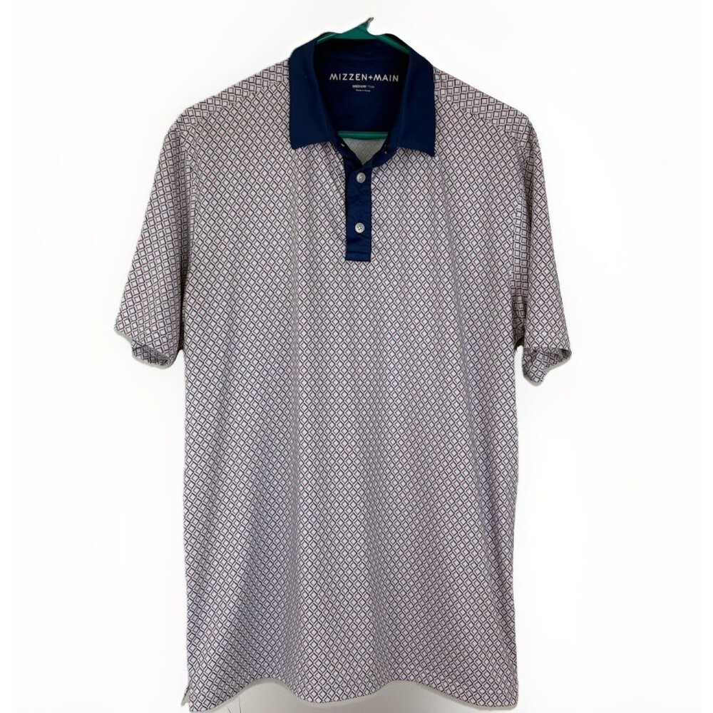 Mizzen Main Versa Polo Shirt Red Blue Diamond Print S/S Mens Medium Trim